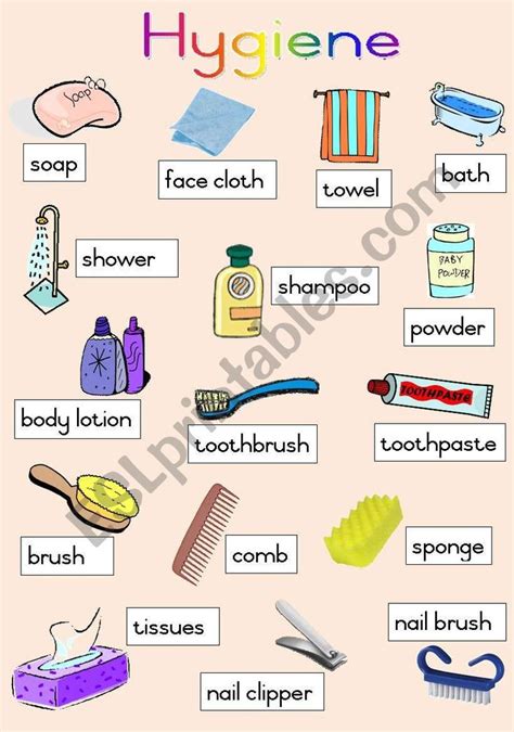 A Poster Related To Words On Hygiene Objects Used To Help Taking Care