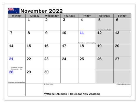 Printable November 2022 “new Zealand” Calendar Michel Zbinden En