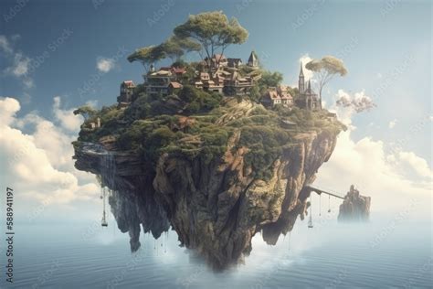 Flying Island In The Sky In Fantasy World Generative Ai Stock