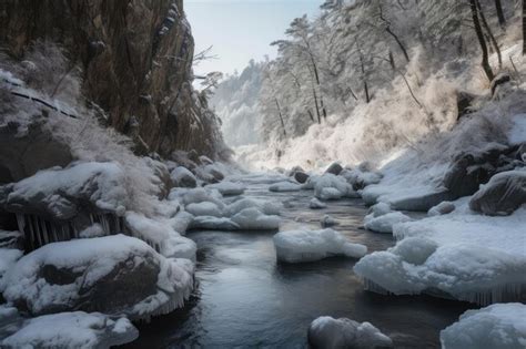 Premium Ai Image Frozen River With Icicles Hanging From The Trees And