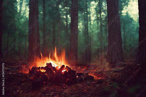 Campfire In The Forest Beautiful Landscape Of Nature And Trees