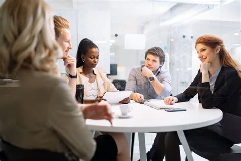 Business People Meeting At Round Table Stock Image Image Of Happy