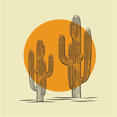 Cactus Illustration Wild West Desert Vintage Design Cacti Plant With