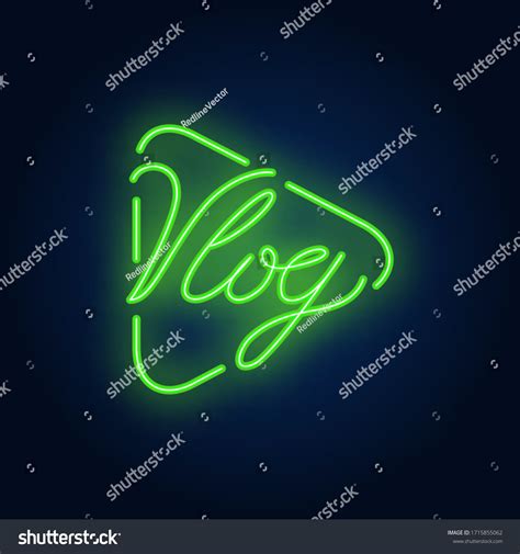 Vlog Neon Sign On Brick Wall Bright Lighting Text On Play Button Night Bright Advertisement