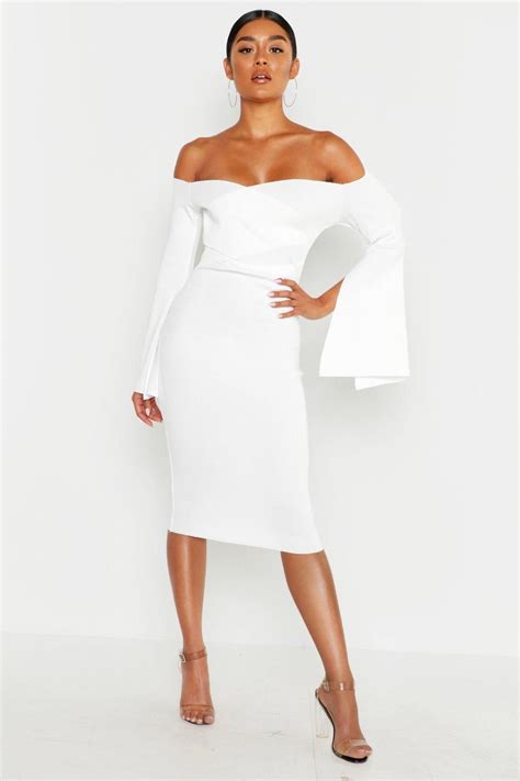 Womens Off The Shoulder Split Sleeve Rib Bodycon Midi Dress White Midi Dress Bodycon