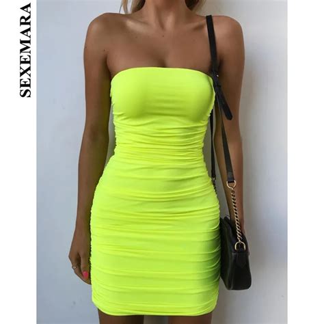 Buy Sexemara Neon Yellow Ruched Strapless Midi Bodycon Dresses For Women