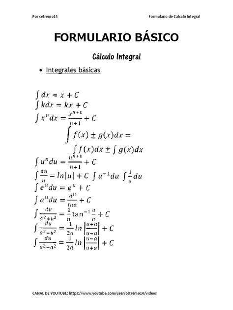Formulario De Integrales Pdf Integral Cálculo