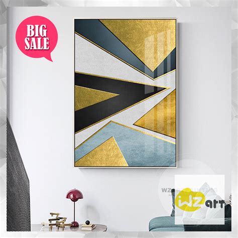 Framed Wall Art Modern Geometric Abstract Gold Blue Black Triangle