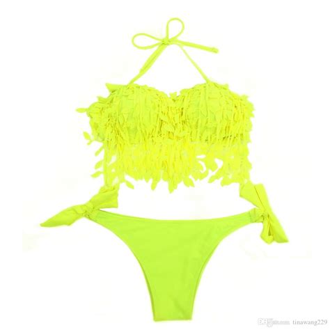 2016 2016 Neon Yellow Push Up Bandeau Top Bikini Swimsuit With Stylish