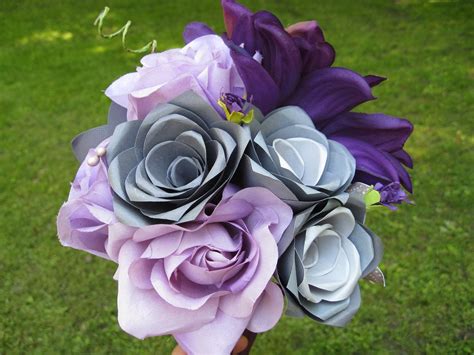 Purple And Grey Bridal Bouquet Wedding Silk And Paper Flower