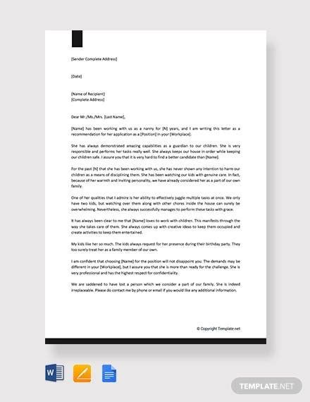 Free 6 Sample Nanny Reference Letter Templates In Pdf Ms Word
