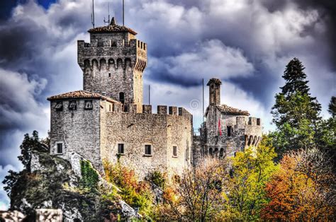 Medieval Tower In San Marino Under A Cloudy Sky Stock Photo Image Of