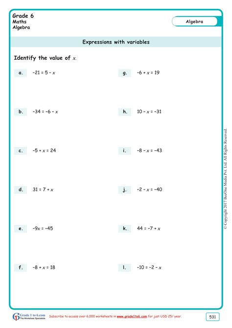Algebra questions and answers, determine variable y. Free Math Worksheets for grade 6|class 6|IB |CBSE|ICSE|K12 ...