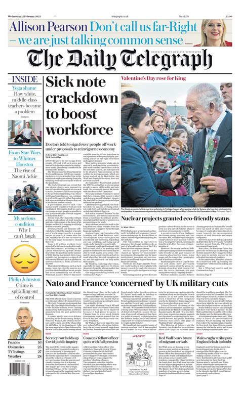 Daily Telegraph Front Page Th Of February Tomorrow S Papers Today