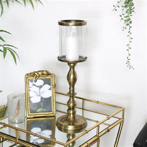 Tall Gold Metal And Glass Candle Holder