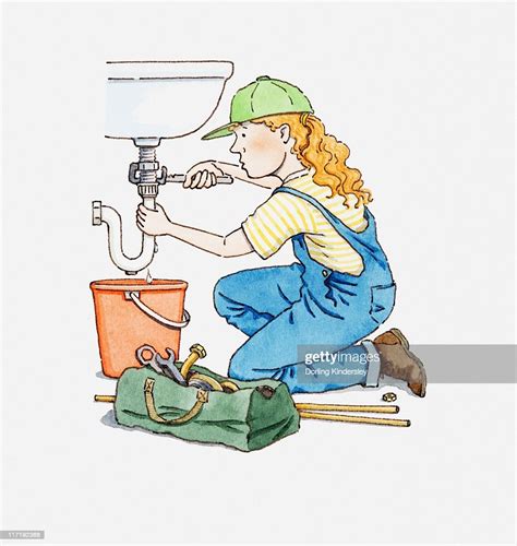 Illustration Of Female Plumber Fixing Pipe On A Sink High Res Vector Graphic Getty Images