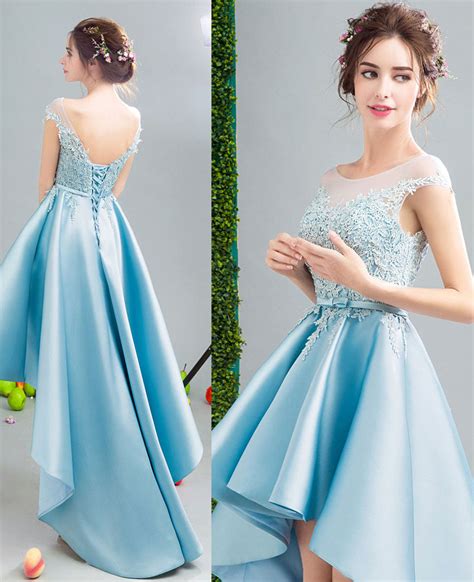 2018 Lovely Custom Made High Low Dresses Blue Girls Lace Prom Party Go Siaoryne