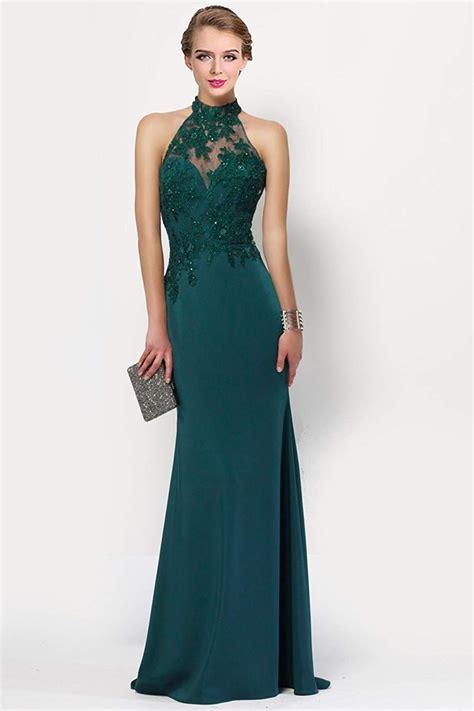 Stretch Crepe Prom Dress With Lace Halter Sleeveless Open Back Keyhole