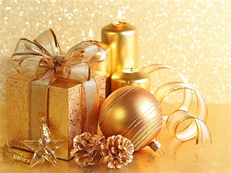 Wallpapers Christmas Gold color Gifts bow Balls Candles ...