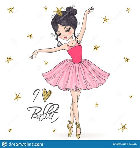 Hand Drawn Beautiful Lovely Little Ballerina Girl With Crown On Her