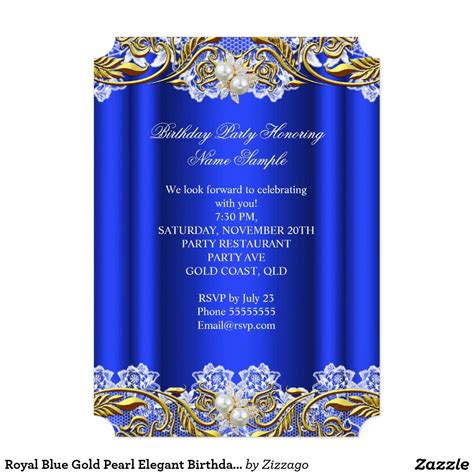 Royal Blue Gold Pearl Elegant Birthday Party 2 Invitation Zazzle