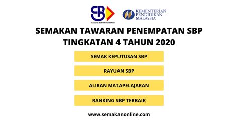 Semakan keputusan tawaran kemasukan / penempatan serta cetakan surat tawaran ke tingkatan 1 sbp tahun 2020 akan dibuka mulai 18 disember 2020 sehingga 7 januari 2020. Semakan Tawaran Penempatan SBP Tingkatan 4 2020