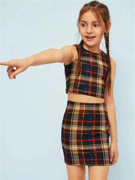 Girls Crop Plaid Tank Top And Skirt Set In 2021 Kids Outfits Girls