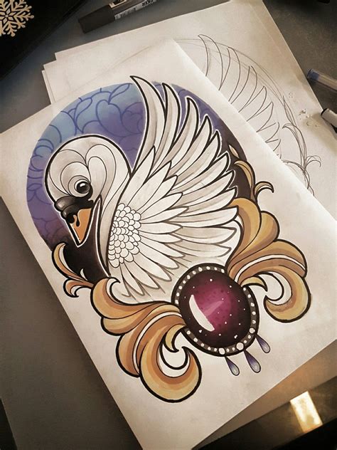 Neo Traditional Tattoo Drawing Swan Swan Tattoo Swan Tattoo