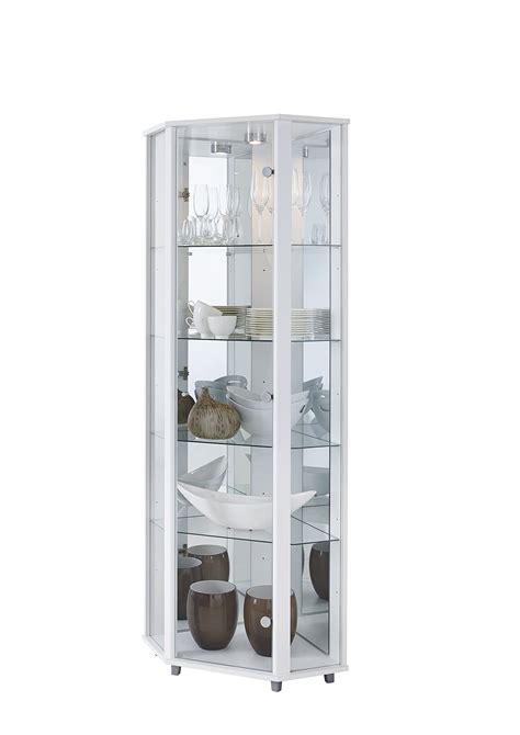 Buy Lockable Fully Assembled Home White Corner Glass Display Cabinet 7 Glass Shelves Mirror
