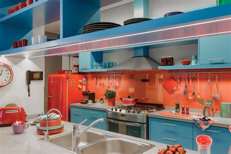 Vibrant Kitchen Design With Azure Blue And Red Orange