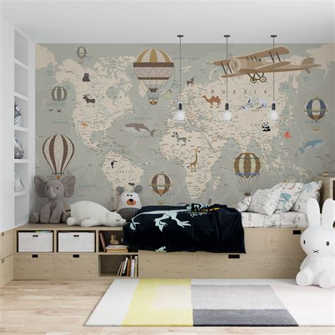 Kids Wallpaper World Map With Animals Wall Mural Removable Peel And