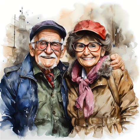 Funny Grandma And Grandpa Watercolor Clipart Bundle Cute Elderly People Portrait Couple