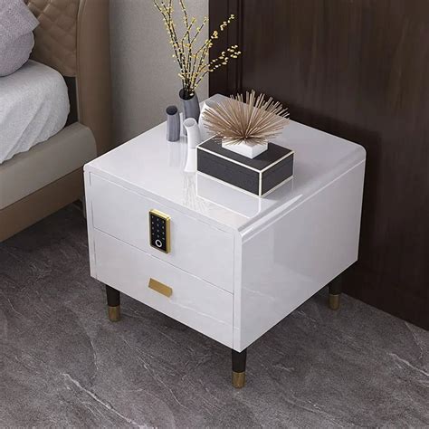 White Nightstand Luxury Intelligent Lock 2 Drawer Lacquered Bedside Table