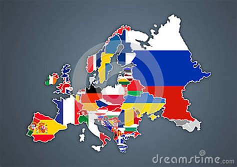 European Map With National Borders With Countries Flags Stock