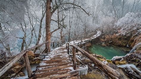 Bridge Croatia Plitvice National Park 4k 5k Hd Winter Wallpapers Hd