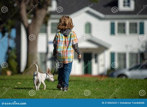 Boy Child Walk With Puppy Child With A Dog Carefree Childhood Stock