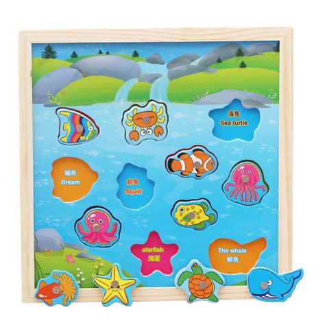 Small Square Wooden Magnetic Fishing Cartoon Puzzle Board Early