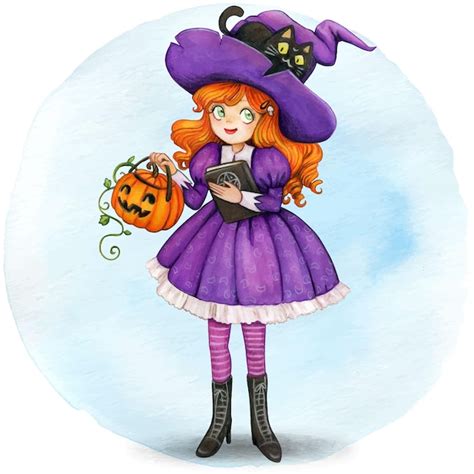 Premium Vector Watercolor Cute Witch With Pumpkin And Black Cat