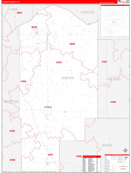 Jasper County In Zip Code Wall Map Red Line Style By Marketmaps Mapsales