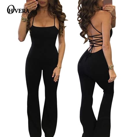 Ohvera Women Jumpsuits Summer Slim Black Bodycon Tight Fitted Rompers Solid Color Long Bodysuit