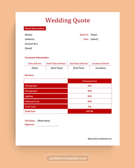 Wedding Quotation Template - For Word & PDF Format
