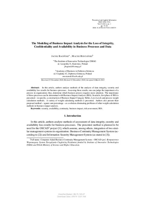 (PDF) The Modeling of Business Impact Analysis for the Loss of Integrity, Confidentiality and ...