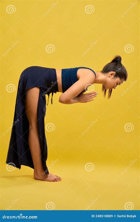 Female Bending Forward With Folding Hands Together Indoor Stock Image Image Of Vitality Wide