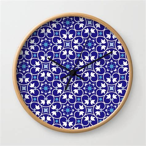 Moroccan Tiles Blue White Wall Clock By Aglavista White Wall Clocks