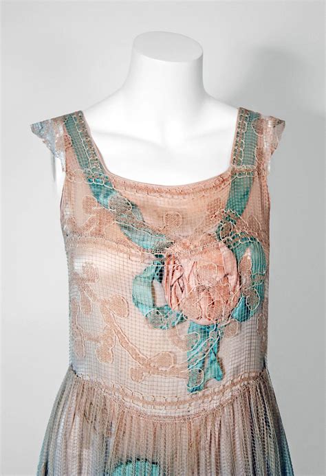 1920s Callot Soeurs Couture Attribute Silk Rosettes Filet Lace Flapper