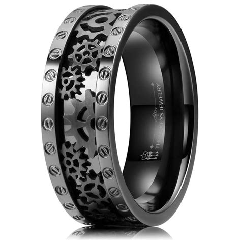 Mens Black Titanium Ring Cz Steampunk Gear Wheel Pinion Bolts Wedding