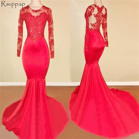 Long Red Prom Dresses 2018 Sheer Long Sleeve Top Lace Floor Length African Mermaid Prom Dress In
