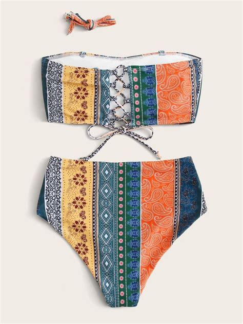 Tribal Lace Up Back Bandeau High Waisted Bikini Swimsuit Shein Usa