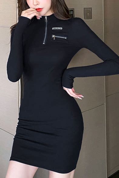 Womens Sexy High Neck Long Sleeve Zip Letter Black Mini Bodycon Dress