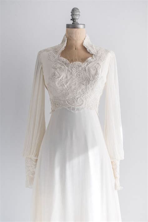 Late 1970s Gown With Lace Alencon Applique Bodice Long Poet Sleeves